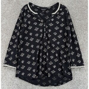 Lucky Brand Floral Henley Top Womens M‎ Black 3/4 Sleeve Festival Boho Artsy Y2K